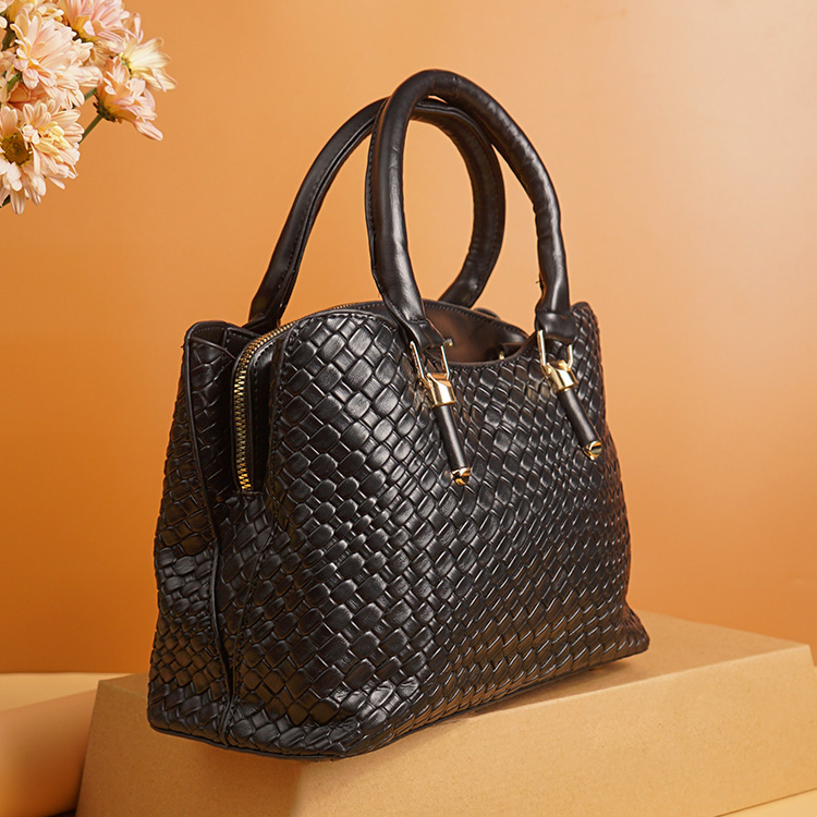 Black Woven Texture Large Shoulder Bag and Accessory Set
