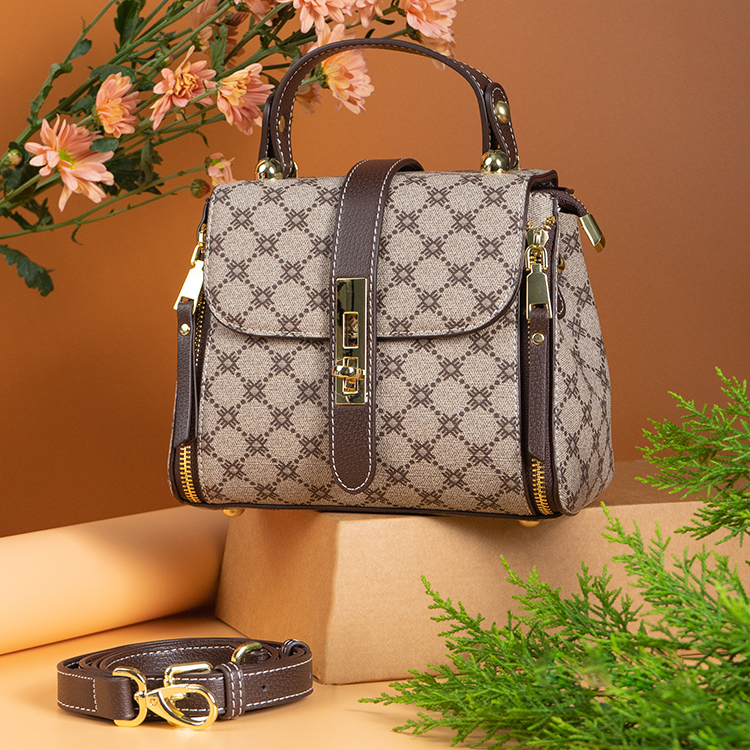 Brown Genuine Leather Floral Crossbody Handbag